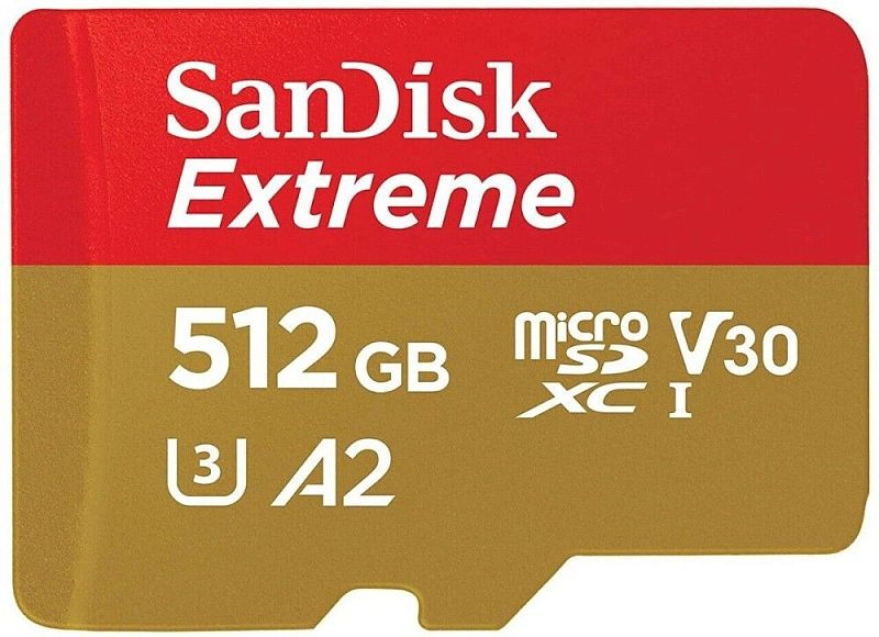 Фото-1 Карта памяти microSDXC SanDisk Extreme SDSQXAV-512G-GN6MN — фронтальный вид microSD; красно-золотистая этикетка с «512GB», обозначения microSDXC и V30/A2; на белом фоне, важно для сравнения серий SanDisk и проверки маркировок.