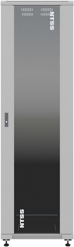 Фото-1 Напольный шкаф NTSS Premium 42U, серый — вид спереди с открытой дверью; видны высокий корпус, передняя монтажная рама, внутренняя стойка и дверной замок, что важно для оценки доступа к оборудованию внутри шкафа.