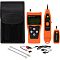 Фото-7 Кабельный тестер LANMASTER LAN-PRO-L/TPK-N, полный комплект на белом фоне: чёрный чехол, основной блок, трассоискатель, модуль WIREMAP, патч-корды, кабели с &laquo;крокодилами&raquo;, наушник и мелкие аксессуары. Оранжевые устройства с чёрными вставками. Контекст &mdash; комплектация; важно видеть, что входит в набор.