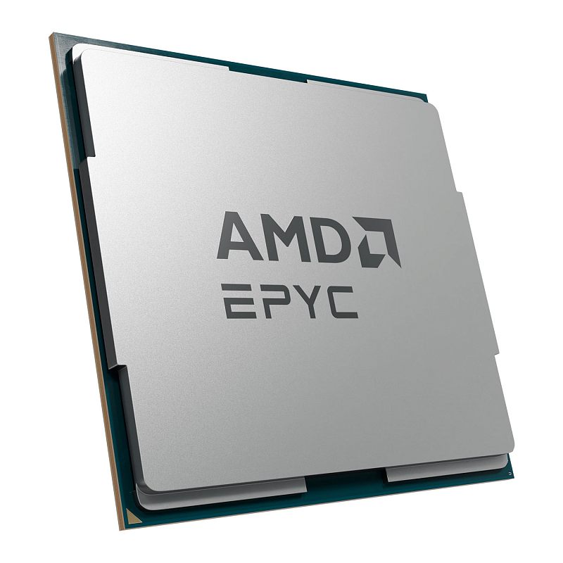 Фото-1 Процессор AMD EPYC 9555, вид под углом: серебристая крышка с логотипом «AMD EPYC», заметны выемки по сторонам и зелёная подложка с золотистой кромкой, на белом фоне; показывает форм-фактор CPU для карточки товара.