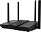 Фото-2 Wi‑Fi роутер ASUS RT‑BE50, вид под углом сбоку: чёрный корпус на ножках, центральная рифлёная накладка и вентиляционные прорези на боковой части, четыре антенны; важно для понимания профиля корпуса и зон вентиляции.
