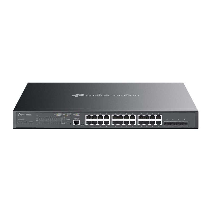 Фото-1 Коммутатор TP-Link Omada SG3428XMP, фронтальный вид. На фото 24 RJ-45 порта в трёх блоках, четыре SFP+ слота справа, консольный порт и USB-порт слева, светодиодные индикаторы на лицевой панели. Тёмно-серый металлический корпус; изображение показывает набор интерфейсов и портовую схему.