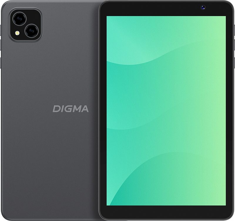 Фото-1 Планшет Digma G8 8", вид спереди и сзади в одном кадре; показаны экран с зелёным градиентом, чёрные рамки и тёмно-серая задняя крышка; видны двойной модуль камеры со вспышкой, логотип DIGMA и фронтальная камера в рамке; изображение важно для карточки товара как общее представление внешнего вида устройства.