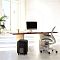 Фото-5 Уничтожитель бумаги Fellowes Powershred LX200 в офисном интерьере рядом с рабочим столом: чёрный корпус на колёсиках и окно корзины; контекст использования помогает понять, как устройство выглядит рядом с мебелью на странице товара.