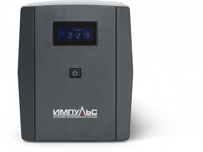 Фото-1 ИБП Импульс Юниор Smart 1500VA tower JS15211, вид спереди. На фото тёмно-серый корпус с LCD-дисплеем сверху и кнопкой питания по центру передней панели. Для страницы товара это важно, так как показывает фронтальную часть и экран устройства.