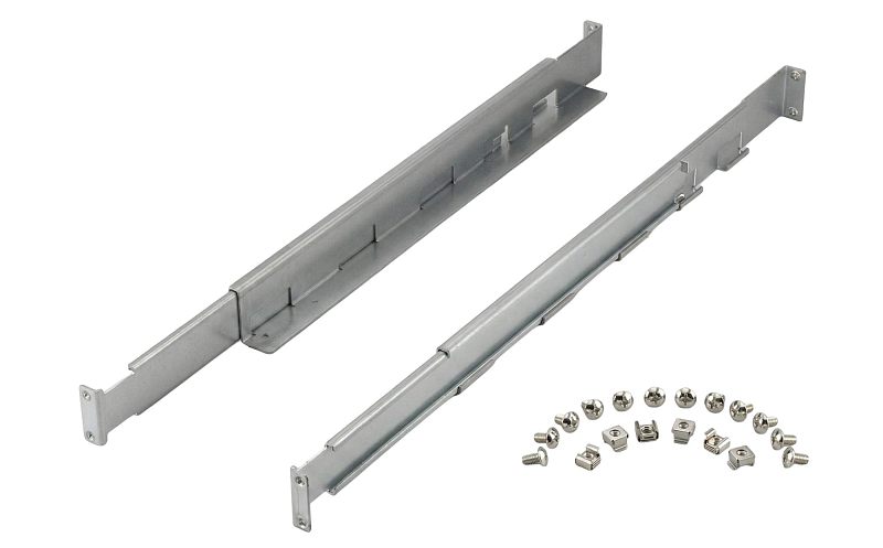 Фото-1 Rail Kit 19″ Systeme Electric SE1RK: две серебристые телескопические направляющие, две чёрные монтажные пластины и набор винтов/клеточных гаек; на белом фоне; важно для страницы, чтобы увидеть комплектность и тип крепления для стойки.