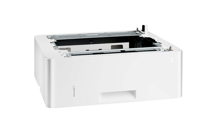 Фото-1 Устройство подачи бумаги HP LaserJet Pro D9P29A — вид спереди под углом; белый модуль лотка с открытым верхним проёмом, видны металлические направляющие и чёрный внутренний механизм; на белом фоне; демонстрирует внешний вид дополнительного лотка подачи бумаги для совместимых моделей.