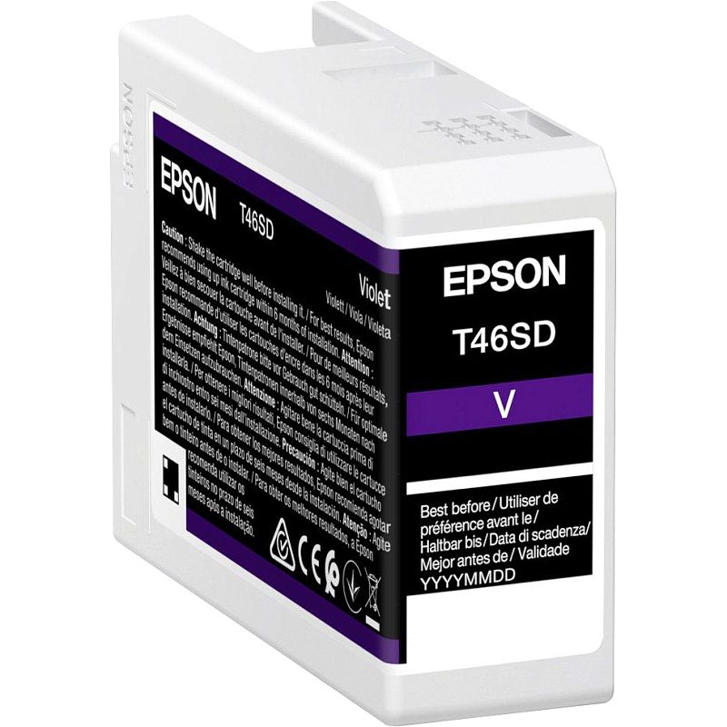 Фото-1 Картридж Epson T46SD пурпурный, вид под углом на сам картридж без упаковки; на фото показан белый корпус с чёрной этикеткой Epson T46SD, фиолетовой полосой V и верхним фиксатором; изображение показывает конструкцию корпуса и маркировку Violet для страницы товара.