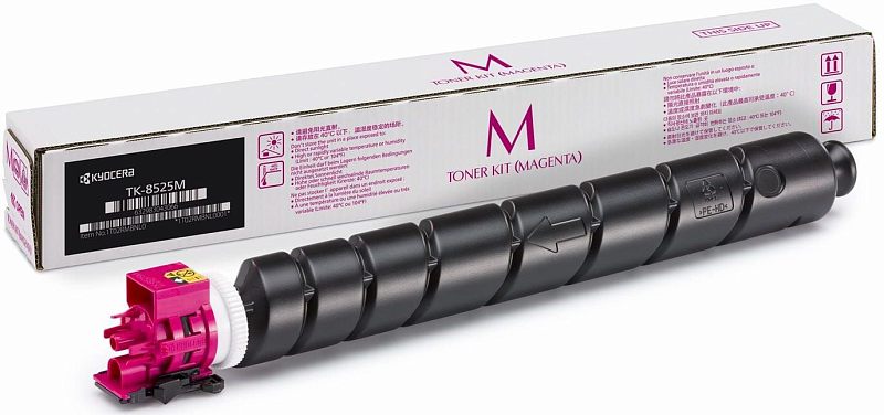 Фото-1 Картридж Kyocera TK-8525M 1T02RMBNL1, пурпурный лазерный, комплект с коробкой и картриджем спереди. На фото видны белая коробка с пурпурной буквой M и чёрный цилиндрический корпус с пурпурным торцевым узлом. Изображение показывает упаковку и цветовую маркировку картриджа для страницы товара.