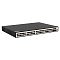 Фото-2 Коммутатор SNR S5110G-48TX-POE, вид спереди под углом слева: длинный чёрный корпус, фронтальная панель с 48 RJ‑45 портами, uplink‑секцией справа и боковой перфорацией с вентиляторами, на светлом фоне для страницы товара и показа габарита устройства.