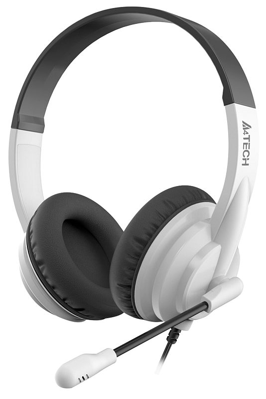 Фото-1 Наушники с микрофоном A4Tech HU-10 USB, бело-чёрные, общий вид спереди справа на светлом фоне; видны белые чашки и дужки, чёрное верхнее оголовье, овальные амбушюры и поворотный микрофон; изображение показывает основную конструкцию цветовой версии для карточки товара.