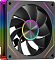 Фото-2 Корпусный вентилятор PCCooler FG120R 120 мм FG120R ARGB BK, вид спереди под углом, тёмно-серая рамка, девять чёрных лопастей, радужное кольцо на центральной крышке и вертикальная световая вставка на боковой грани, предметная съёмка на светлом фоне для страницы товара, чтобы показать толщину корпуса и боковую подсветку.