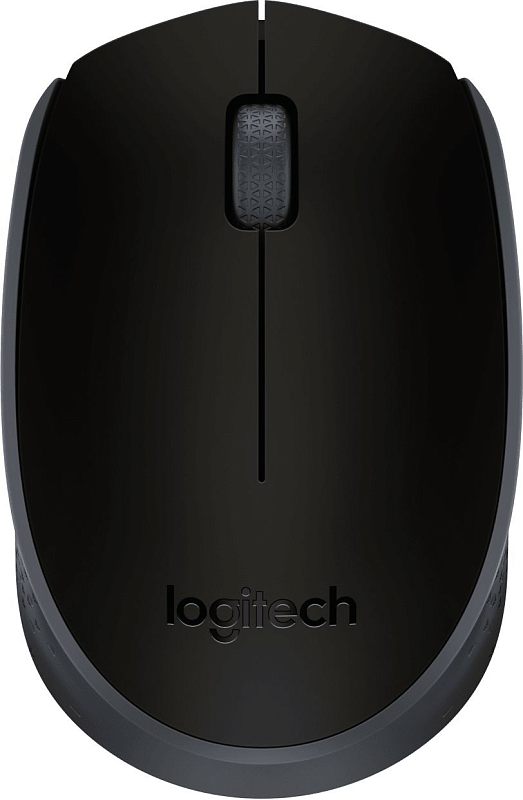 Фото-1 Беспроводная мышь Logitech M171, вид строго сверху; тёмно-серый верх корпуса с логотипом Logitech у основания, центральная продольная линия разделяет кнопки, по центру расположено фактурное колесо прокрутки; на белом фоне для страницы товара, чтобы показать верхнюю панель и форму корпуса.