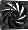 Фото-8 Вентилятор DeepCool для кулера AK400, вид спереди: чёрная квадратная рамка, чёрные лопасти и круглая центральная наклейка с логотипом. В углах — монтажные отверстия; белый фон. Фото важно для идентификации вентилятора в комплекте охлаждения CPU.