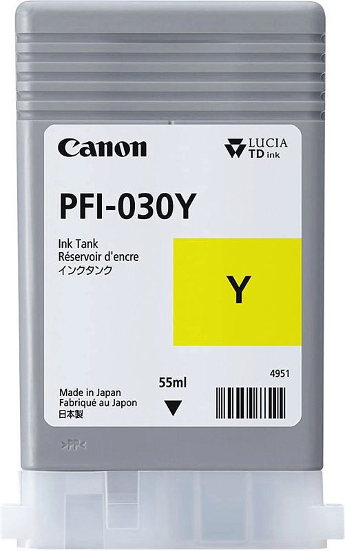 Фото-1 Картридж Canon PFI-030Y 3492C001, вид спереди без упаковки; показан серый резервуар с белой этикеткой PFI-030Y, жёлтой меткой Y, прозрачным нижним основанием и указанием 55 ml, изображение важно для страницы товара как фото картриджа и цветовой маркировки.