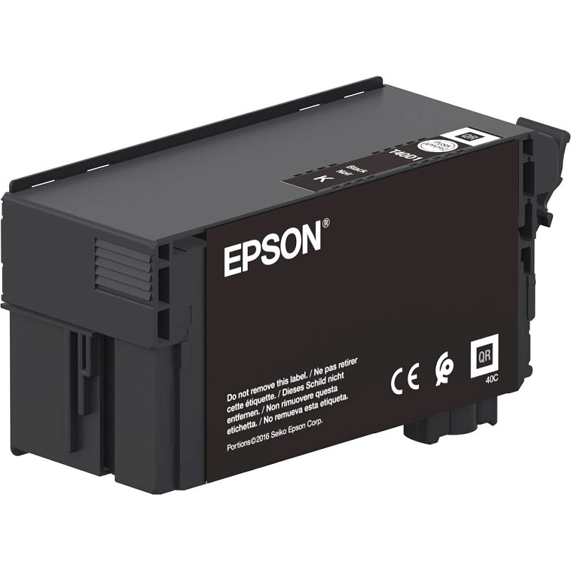 Фото-1 Картридж Epson T40D1 Black, вид спереди-сбоку; чёрный корпус стартового картриджа с крупной фронтальной панелью Epson, боковыми рёбрами и верхней чёрной меткой T40D1, на белом фоне для страницы товара и проверки конструкции.