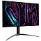 Фото-2 Монитор Acer Predator X27U, вид спереди под углом; изогнутые по дуге ножки основания, тонкий экран и стойка по центру, на экране неоновый рисунок; важно для страницы — демонстрирует форму подставки и рамок в перспективе.