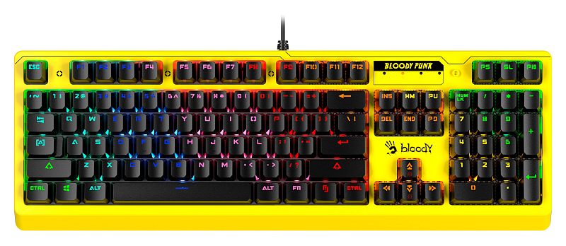 Фото-1 Клавиатура A4Tech B810RC Bloody Punk Yellow, фронтальный вид сверху; на фото игровая полноразмерная клавиатура с цифровым блоком, высокими клавишами, RGB-подсветкой и ярко-жёлтой верхней панелью, жёлтый и чёрный цвет; изображение показывает раскладку и цветовое исполнение для страницы товара.