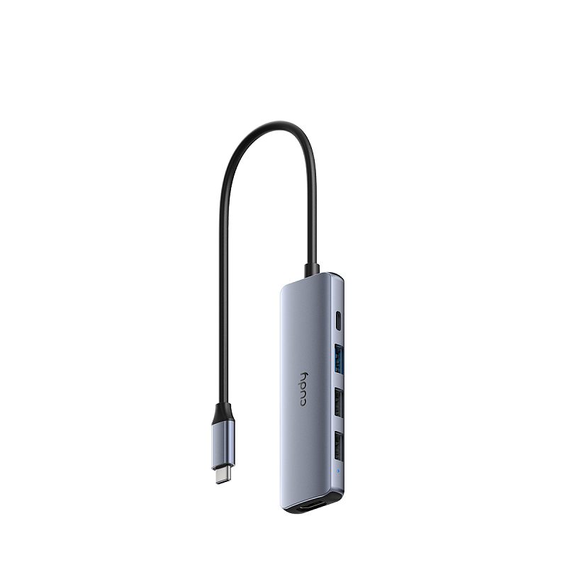 Фото-1 Порт-репликатор Cudy UH405, общий вид; серебристый корпус с кабелем USB‑C, на боковой панели один USB‑A (синий) и два USB‑A (тёмные), сверху виден USB‑C, снизу — видеовыход — важно для понимания, какие подключения добавляет хаб к ноутбуку.