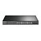 Фото-1 Коммутатор TP-Link SG3428MP, фронтальный вид. На фото чёрный корпус для стойки, 24 RJ45 PoE-порта, справа 4 uplink SFP-слота, слева блок индикаторов и отдельный консольный порт. Это важно для страницы товара, потому что показывает полную конфигурацию интерфейсов управляемой PoE-модели.