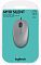 Фото-2 Проводная мышь Logitech M110 в упаковке, вид спереди; серая мышь размещена на бирюзовой подложке, видны форма корпуса и колесо прокрутки; изображение упаковки важно для страницы товара, так как показывает розничный вид поставки.