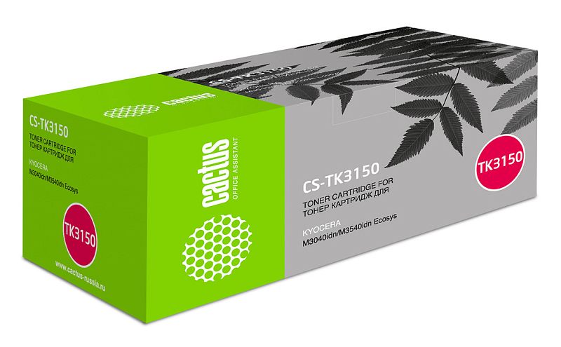 Фото-1 Тонер-картридж Cactus TK-3150 CS-TK3150, коробка под углом спереди-слева; зелёно-серая упаковка с маркировкой CS-TK3150, розовым кругом TK3150 и указанием совместимых серий Kyocera M3040idn/M3540idn Ecosys. Фото показывает упаковку и идентификацию модели на странице товара.
