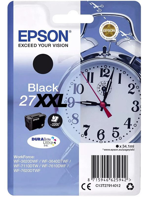 Фото-1 Картридж Epson 27XXL Black C13T27914012, вид упаковки спереди; на фото блистер с графикой часов, маркировкой Black 27XXL, значком капли и указанием серии WorkForce; синий, белый и чёрный, показан на белом фоне для страницы струйного расходного материала и чтения маркировки.