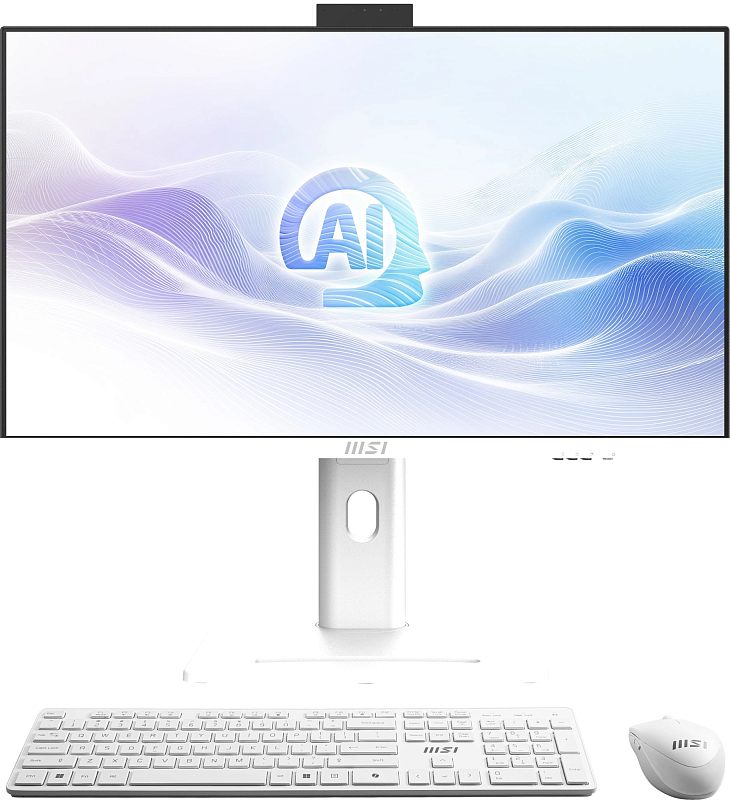 Фото-1 Моноблок MSI Modern AM273QP AI 1UM 094XRU, фронтальный вид в белом цвете с экраном, встроенной верхней веб-камерой, белой подставкой и комплектными клавиатурой и мышью; фото показывает внешний вид лицевой панели и состав комплекта для карточки товара.