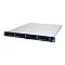 Фото-1 Серверная платформа ASUS RS300-E12-RS4, 1U rack &mdash; вид спереди под углом, фронтальная панель с четырьмя отсеками/заглушками с синими фиксаторами, центральная вентиляционная решётка, справа передние разъёмы USB и видеовыход; корпус серебристый