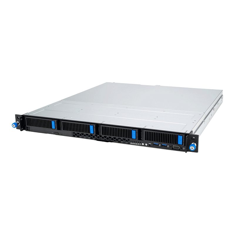 Фото-1 Серверная платформа ASUS RS300-E12-RS4, 1U rack — вид спереди под углом, фронтальная панель с четырьмя отсеками/заглушками с синими фиксаторами, центральная вентиляционная решётка, справа передние разъёмы USB и видеовыход; корпус серебристый