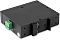 Фото-16 PoE-инжектор DIGMA DNP90W48GDXM, вид снизу под углом: чёрный корпус с DIN-креплением и отверстиями, сбоку виден зелёный клеммник; на белом фоне, чтобы показать монтаж и место подключения питания.