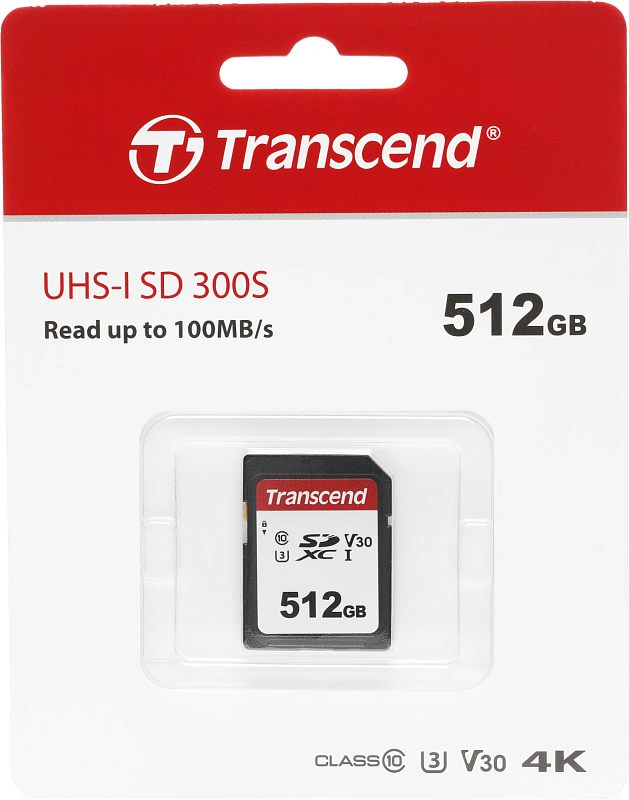 Фото-1 Карта памяти Transcend SDXC UHS‑I 300S 512GB TS512GSDC300S, фронтальный вид упаковки; красно‑белая подложка с окном, внутри SD‑карта с маркировкой 512GB и V30; демонстрирует товар в упаковке и тип карты SDXC.