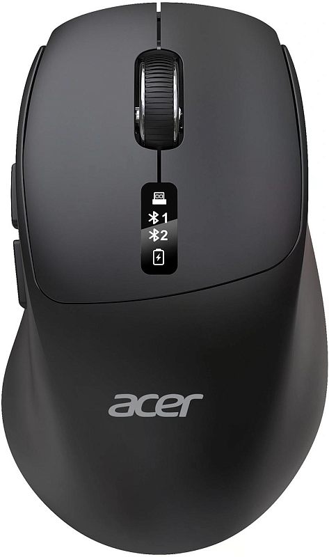 Фото-1 Беспроводная мышь Acer OMR503, вид сверху; на фото чёрный корпус, центральный индикатор режимов с пиктограммами USB, Bluetooth 1, Bluetooth 2 и зарядки, чёрное колесо прокрутки; основное изображение товара для страницы модели.