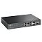 Фото-4 Коммутатор TP-Link TL-SG1016PE, вид спереди слева под углом; чёрный корпус, слева блок индикаторов, справа две группы сетевых портов на передней панели, по бокам вентиляционные отверстия; ракурс помогает оценить форму корпуса и расположение разъёмов на странице товара.