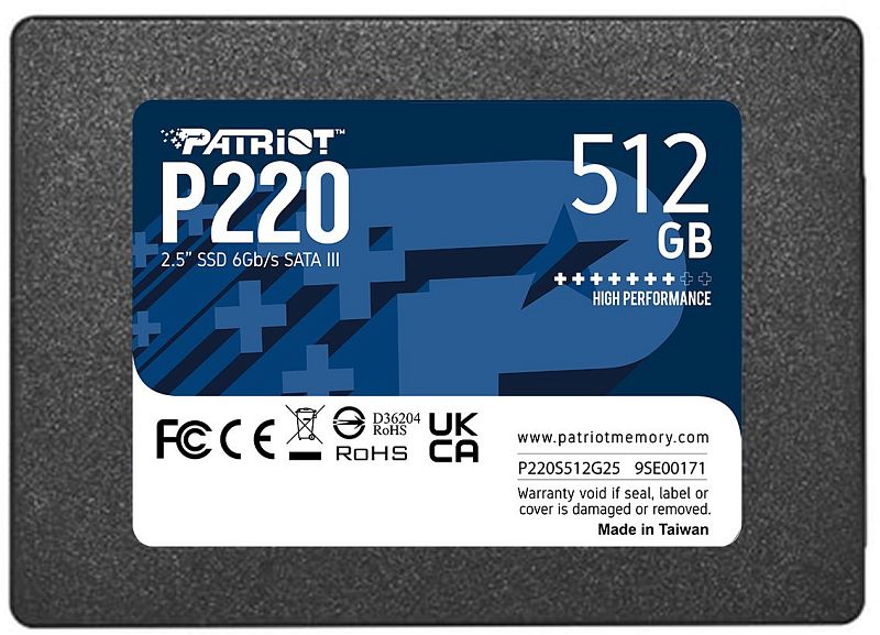Фото-1 SSD Patriot P220 512GB, фронтальный вид 2.5-дюймового SATA-накопителя; чёрный фактурный корпус, синяя наклейка с маркировкой P220 и 512GB, внизу белый блок с сертификацией и кодом модели. Изображение показывает лицевую сторону и идентификационную маркировку для карточки товара.