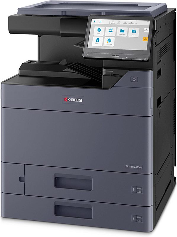 Фото-1 МФУ Kyocera TASKalfa 4054ci, фронтальный вид; справа большой сенсорный экран, сверху модуль сканирования/автоподатчик, снизу два выдвижных лотка; тёмно-серый корпус с чёрными элементами; демонстрация напольной компоновки для офисной печати и сканирования.