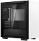 Фото-2 Корпус ПК DeepCool Macube 110 (white), вид сбоку: стеклянная боковая панель и белое шасси, через стекло видны задний вентилятор и зона слотов расширения, белый/чёрный; фото для оценки обзора внутренностей через стекло.