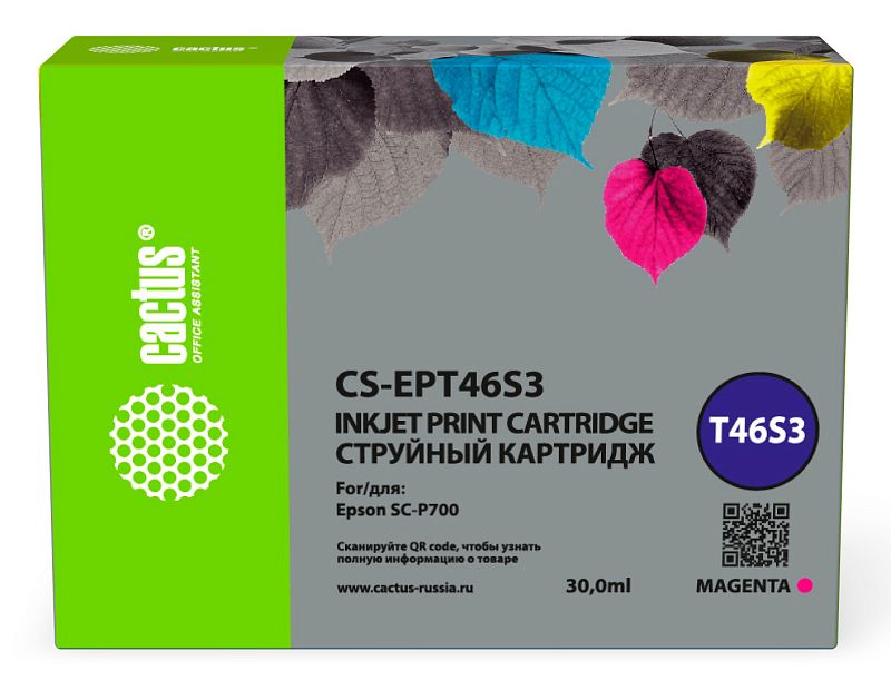 Фото-1 Струйный картридж Cactus CS-EPT46S3, коробка в ракурсе спереди слева. На фото прямоугольная коробка с зелёным левым торцом, серой лицевой панелью, QR-кодом и круглой маркировкой T46S3; на упаковке указан объём 30,0 мл и обозначение MAGENTA. Фото важно для визуальной идентификации пурпурной версии картриджа.