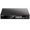 Фото-3 D-Link DGS-1010MP, фронтальный вид: чёрный металлический корпус с 8 портами PoE RJ-45 по центру, отдельными портами 9 и 10 справа и светодиодной индикацией слева, на белом фоне для карточки товара; показывает переднюю панель без перспективных искажений для сравнения.
