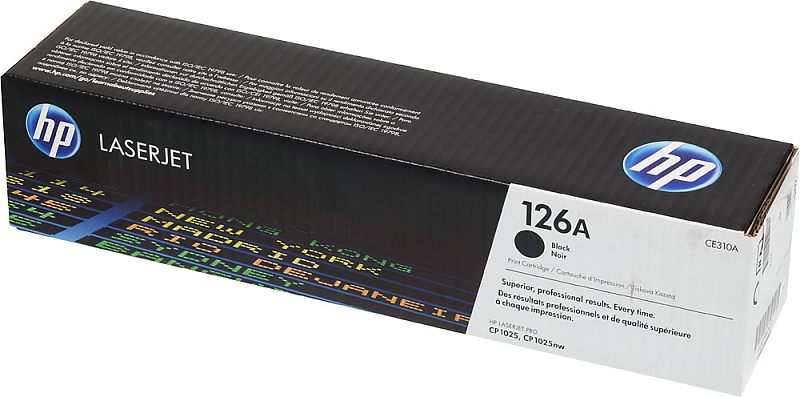 Фото-1 Картридж HP 126A CE310A, коробка спереди под углом на белом фоне; длинная чёрно-белая упаковка с маркировкой 126A, чёрным индикатором цвета и обозначением HP LaserJet Pro CP1025, CP1025nw, для страницы товара и идентификации модели.