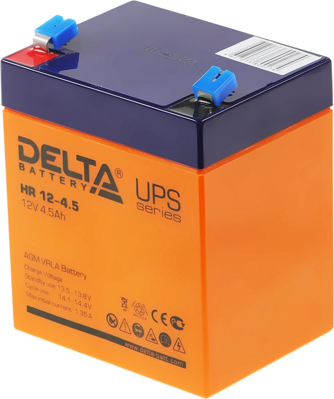 Фото-1 Аккумулятор для ИБП Delta HR 12-4.5, крупный план верхнего угла: оранжевый корпус и фиолетовая крышка, две клеммы с синими колпачками и видимая зона полярности; на белом фоне для проверки типа клемм и полярности при подключении.