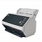 Фото-2 Документ-сканер Fujitsu fi-8150, вид спереди, серо-чёрный корпус, раскрытый выходной лоток и подающий лоток сверху