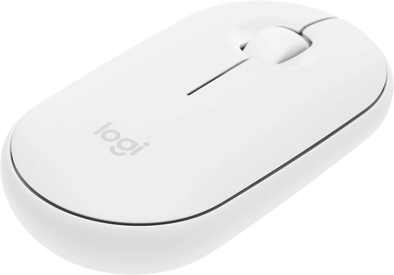 Фото-1 Мышь Logitech Pebble Mouse 2 M350s, вид сверху под углом на белом фоне: белый корпус овальной формы, две основные кнопки, центральное колесо прокрутки и серый логотип logi; фото показывает внешний вид беспроводной мыши для страницы товара.