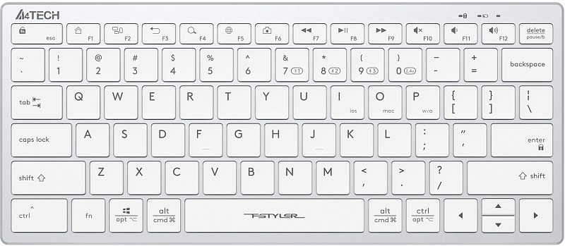 Фото-1 Клавиатура A4Tech Fstyler FBX51C, вид спереди сверху на белом фоне; компактная низкопрофильная раскладка без цифрового блока, белые клавиши в серебристо-белом корпусе, в кадре видны мультимедийные обозначения F1–F12; фото показывает основной внешний вид товара для карточки клавиатуры.