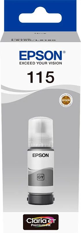 Фото-1 Чернила Epson 115 C13T07D54A, струйные, серые, 70 мл; фронтальный вид упаковки, показана узкая бело-серая коробка с логотипом Epson, числом 115 и изображением флакона; на лицевой стороне видны серая цветовая зона, метка GY и серия Claria ET, что важно для идентификации цвета на странице товара.