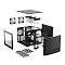Фото-18 Корпус ПК Fractal Design Node 804, чёрный &mdash; разнесённая (exploded) схема компонентов; отдельно показаны боковая прозрачная панель, верхняя крышка, два вентилятора, корзины для накопителей и сетчатые фильтры вокруг внутреннего каркаса. Контекст: визуализация съёмных панелей и модульных элементов конструкции корпуса.
