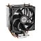 Фото-4 Кулер для процессора PCCooler R200, вид сверху под углом: чёрная верхняя пластина радиатора с логотипом, четыре медных колпачка тепловых трубок по углам, спереди установлен вентилятор. Цвет: чёрный и медные элементы; изображение показывает верх радиатора и выводы тепловых трубок.