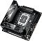 Фото-8 Материнская плата ASUS ROG Strix Z890‑I Gaming WiFi, ракурс сверху‑спереди: виден профиль радиаторов и модуль с вентилятором/крышкой в чёрном цвете, сокет CPU и разъёмы питания; важно для оценки габаритов выступающих элементов в корпусе.