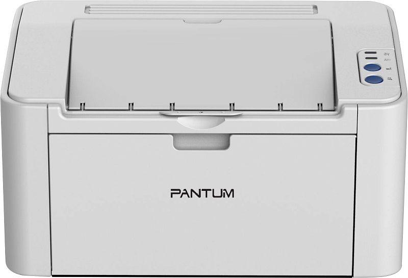 Фото-1 Лазерный принтер Pantum P2506w — вид спереди; белый корпус, фронтальная крышка с логотипом Pantum и панель управления справа с двумя синими кнопками и индикаторами; студийное фото на белом фоне для понимания компоновки модели на странице товара.