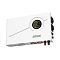 Фото-1 ИБП Powerman Smart 500 500 VA Wallmount, вид спереди слева; на белой лицевой панели расположен круглый дисплей, справа два выходных разъёма, снизу клеммы подключения аккумулятора и два вентилятора; белый металлический корпус, студийное фото, полезно для страницы как основной внешний вид настенного устройства.